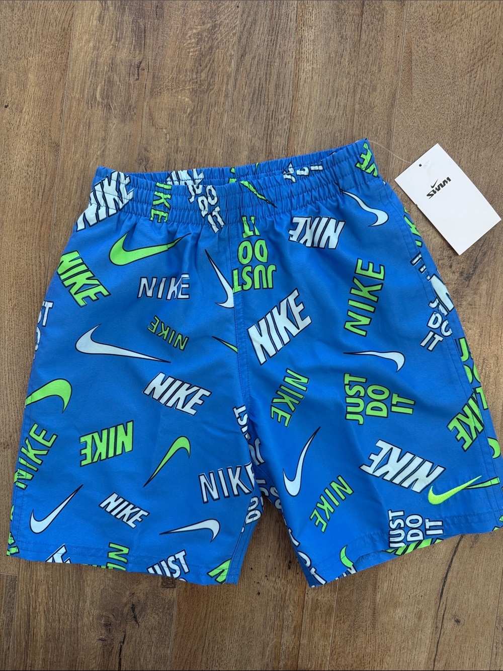 Nike Blue Swim Trunks with Neon Green & White Logos